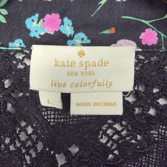 Kate Spade New York Top Black Floral Greenhouse Lace Yoke Tassels Boho Size L - Picture 11 of 12
